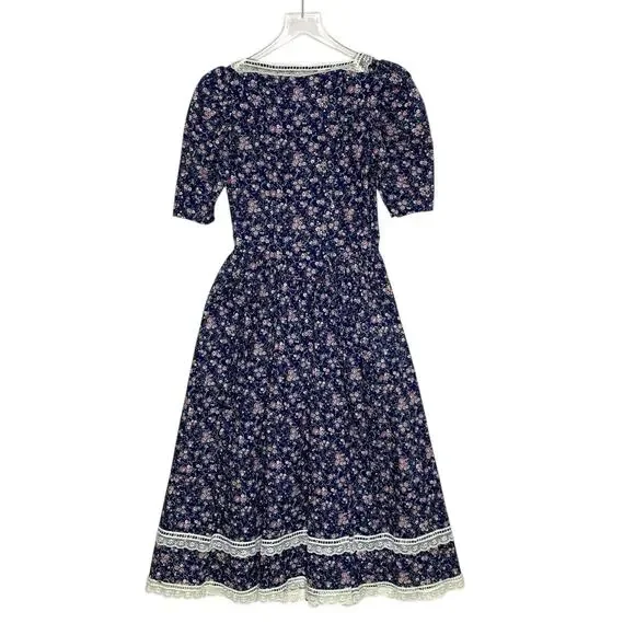 Gunne Sax S Vintage Lace Floral Print Short Sleeve Gunnie Dress Dark Blue *flaw - Picture 2 of 8